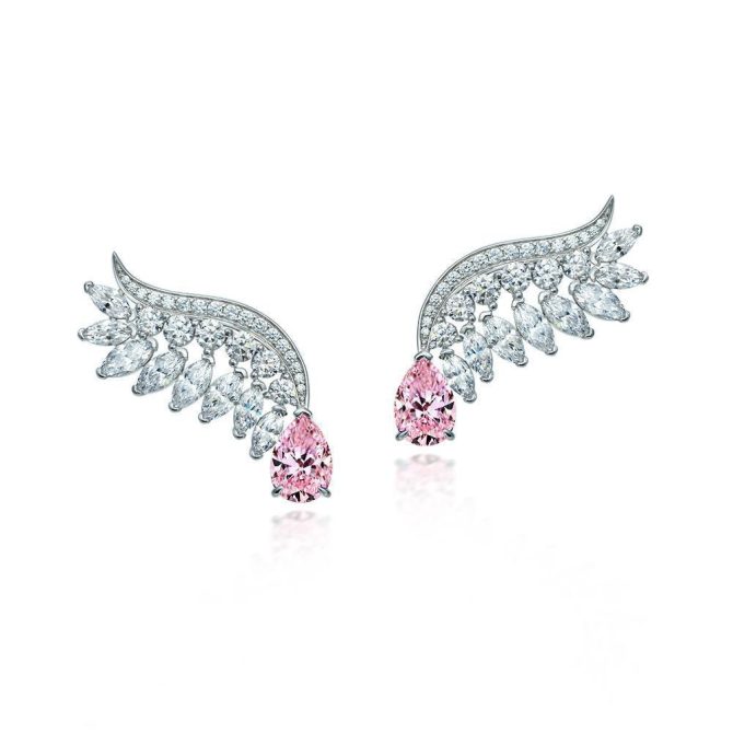 S925 sterling silver water drop cherry blossom pink angel wings diamond earrings 2 Carats
