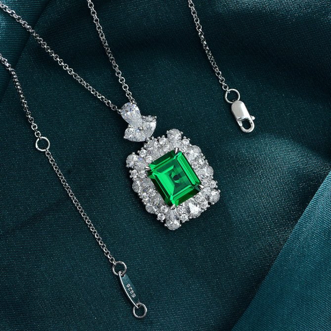 S925 sterling silver diamond necklace female retro luxury 4ct green nano 9*11 pearl chain