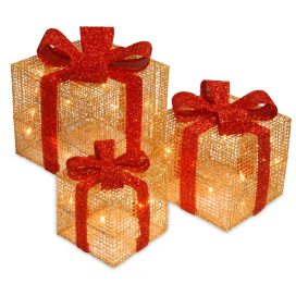 Pre-Lit Gold Gift Boxes, Set of Three, White Lights, Christmas Collection