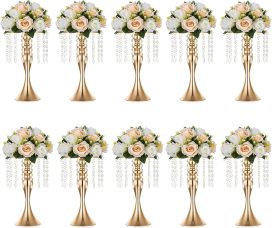 Floral Centerpiece Riser Gold Tall Flower Centerpiece Stand with Crystal Beads for Event Party Wedding Reception Center Piece Floral Arrangements, Pack of 10 Gold 21.3''/54cm