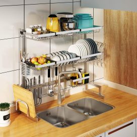 Over Sink(24"-40") Dish Drying Rack, Adjustable Cutlery Holders Drainer Shelf for Kitchen
