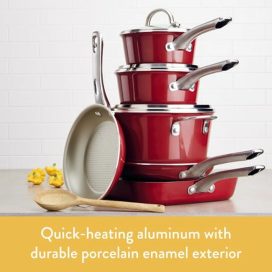 Ayesha Curry 10-Piece Porcelain Enamel Nonstick Pots and Pans Set/Cookware Set, Sienna Red