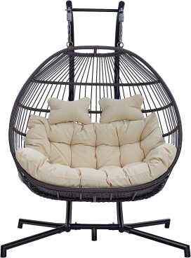 Hanging Egg Chair with Stand, 2 Person Heavy Duty Hanging Wicker Rattan Swing Chair Basket Hammock Nest Chair Seat for Indoor Outdoor Patio Lounger Swinging Loveseat (Beige)