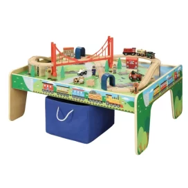 50 Piece Wooden Train Set with Activity Table Storage Bin 100% Hardwood Track, Engine, Oil Tanker, Caboose, Fire Engine, Station, Policeman, Farm Animals. Compatible with All Major Brands
