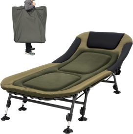 Camping Cots for Adults 330Lbs with Carry Bag, Heavy Duty Folding Bed with Soft Padded Cushion, Portable Military Cot for Hunting, 180 Adjustable Reclining Outdoor Lounger