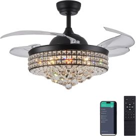 48" Dimmable Black Fandelier Crystal LED Ceiling Fans with Lights and Remote Modern Retractable Blade Ceiling Lighting Fan Kit for Bedroom Dinning Room Living Room