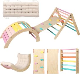 Triangle Set with Cushion, 5 in 1 Montessori Foldable Climbing Set, Climbing Indoor Playground Set for Toddlers, Wooden Climbing Toys with Ramp and Arch Climber for Kids (Wooden Color)
