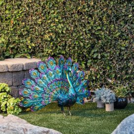Alpine Corporation 23" Tall Outdoor Metallic Peacock Tail Spread Yard Statue Decoration, Multicolor