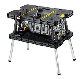 Keter C 197283 Folding Table Work Bench for Miter Saw Stand, Woodworking Tools and Accessories with Included 12 Inch Wood Clamps C Easy Garage Storage Black/Yellow
