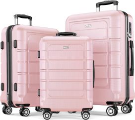 Luggage Sets Expandable PC+ABS Durable Suitcase Sets Double Wheels TSA Lock Pink 3pcs
