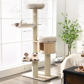 Large cat tree, multi-level tower with sisal posts, hammock, hanging basket and removable washable mats, perfect for large cats