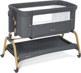 Baby Bassinet, Rocking Bassinets Bedside Sleeper with Comfy Mattress and Wheels, 6 Height Adjustable Easy Folding Portable Bedside Crib for Newborn Infant