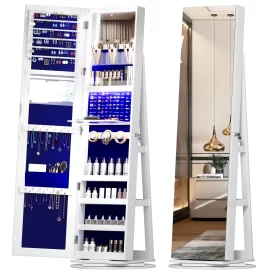 LVSOMT 360 Rotating LED Jewelry Armoire with Full Length Mirror, Jewelry Cabinet Large Standing Lockable Mirror Jewelry Organizer with Inner Makeup Mirror & Soft Velvet for Living Room Bedroom